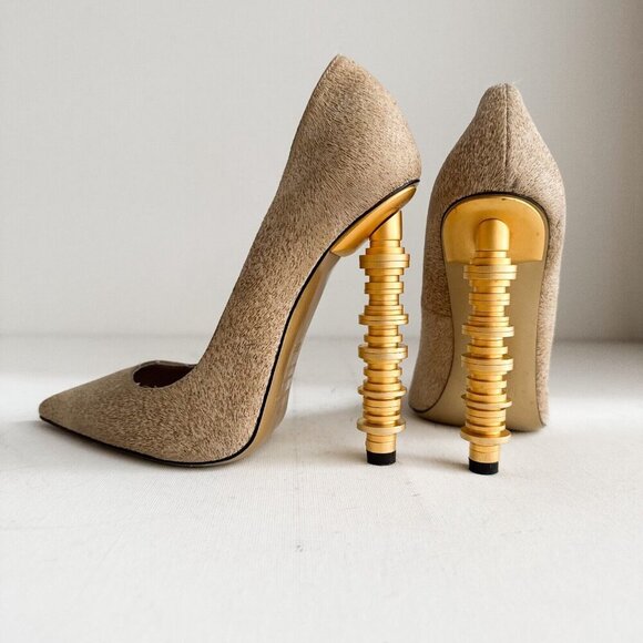 Julia Haart Nude Beige Pointy Toe Unique Heel High Heels 38.5 - Picture 5 of 11